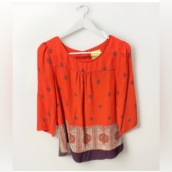 Maeve Anthropologie Red Boho Peasant Blouse Size 6 Floral Border Print Top - Picture 4 of 4